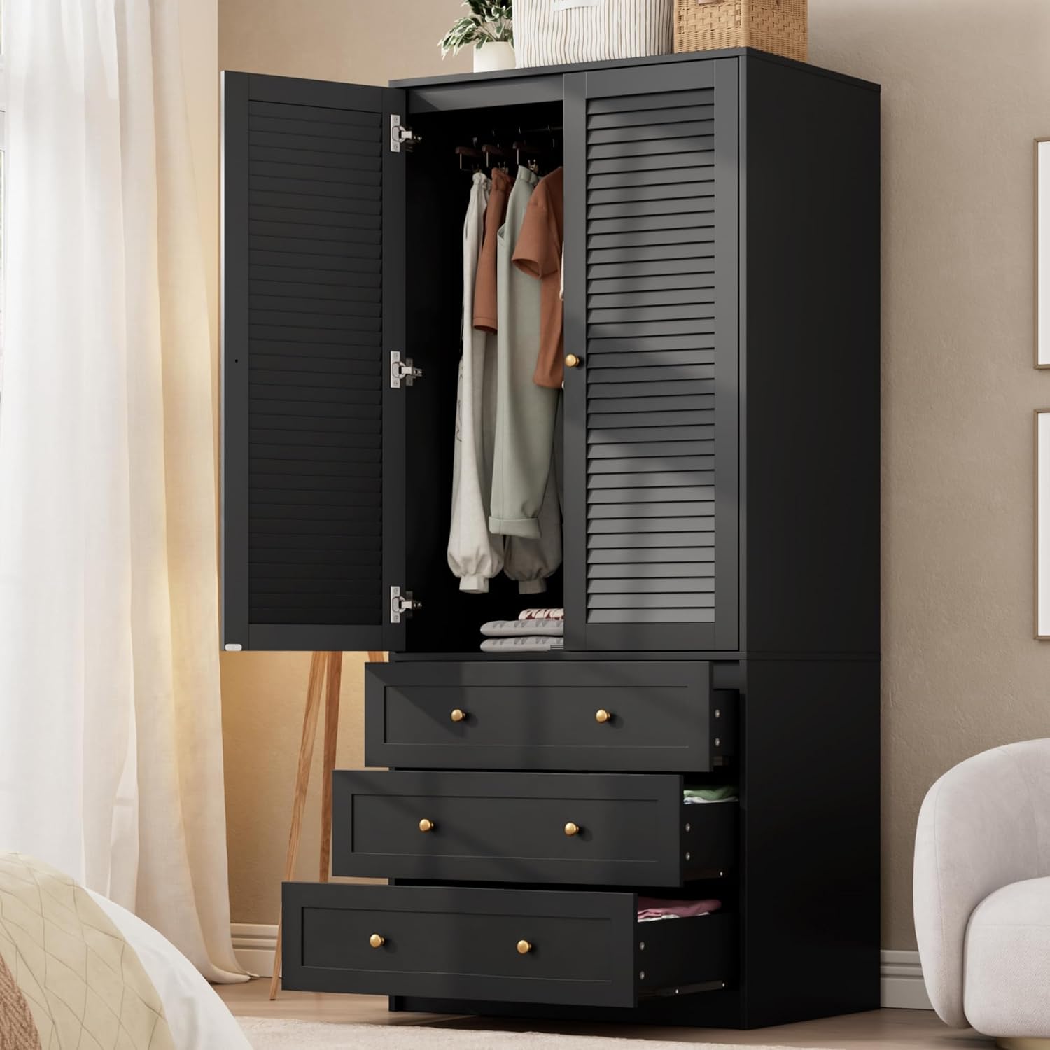 GarveeHome GarveeHome 70" Wardrobe Armoire Wooden Closet with 3 Drawers, Black