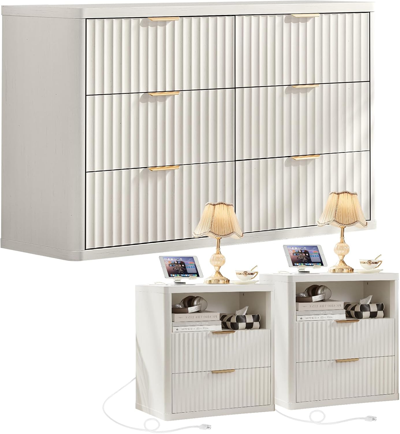 LEYAOYAO LEYAOYAO Fluted Dresser and 2 Drawers Nightstand Set of 2, Wood 48"…
