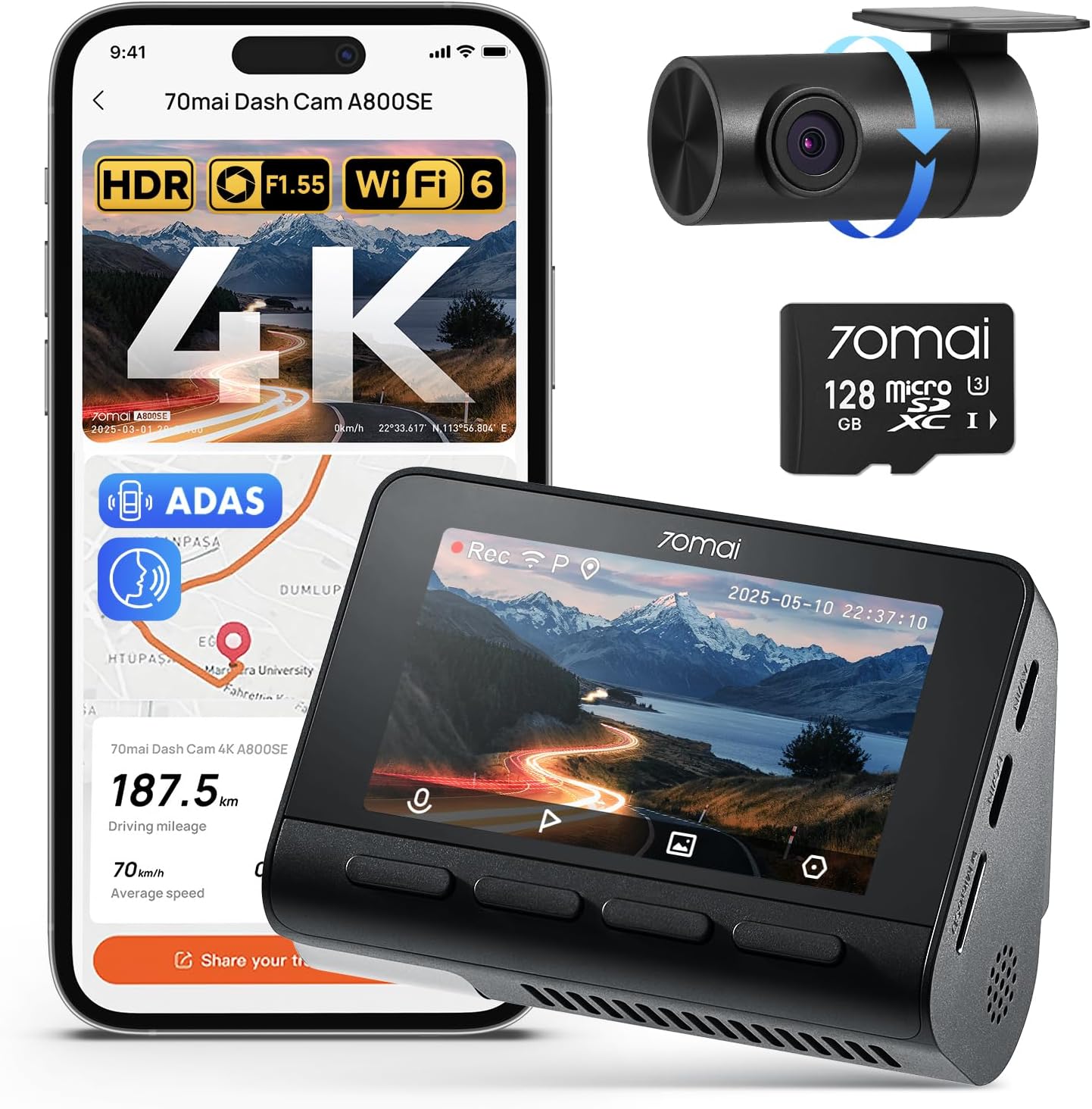 70mai 70mai 4K Dash Cam Front and Rear, Built in Wi-Fi 6 & GPS Car Camera,…