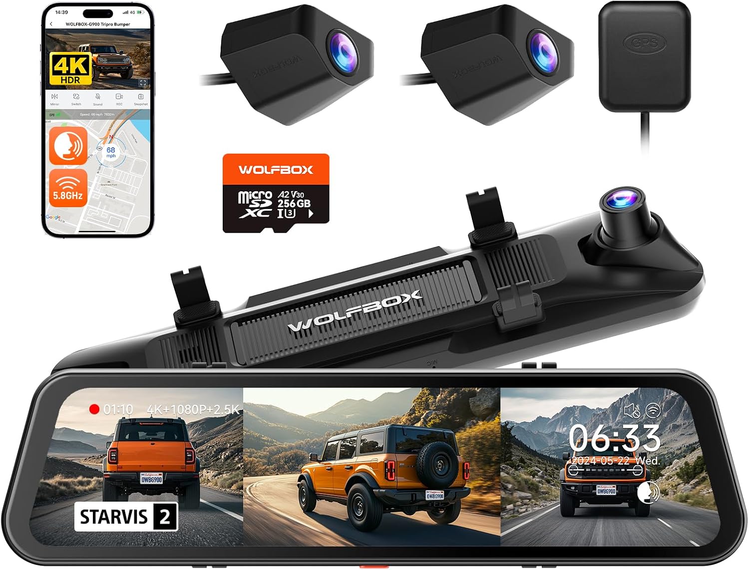 WOLFBOX WOLFBOX G900 Tripro Bumper 3 Channel 4K Mirror Dash Cam,8MP STARVIS…