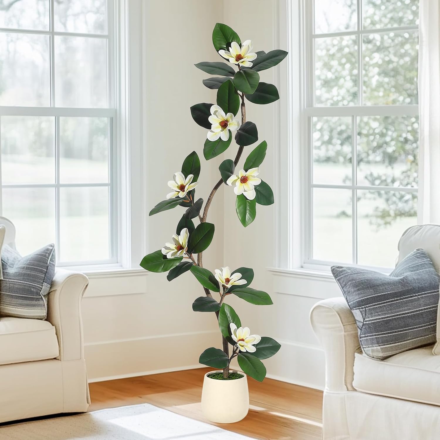 Rubber Rubber Tree 5 ft Artificial Tree in White Planter Pot,Faux Plants Indoor