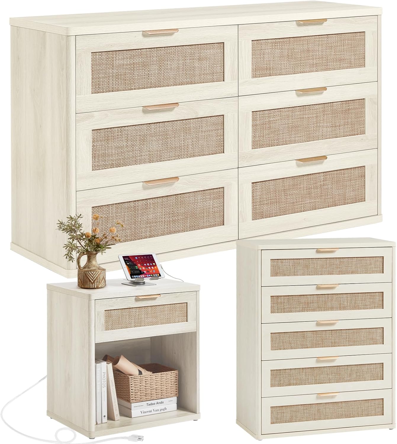 LEYAOYAO LEYAOYAO Rattan Dresser and Nightstand Set of 3, Boho Wood Dresser for…