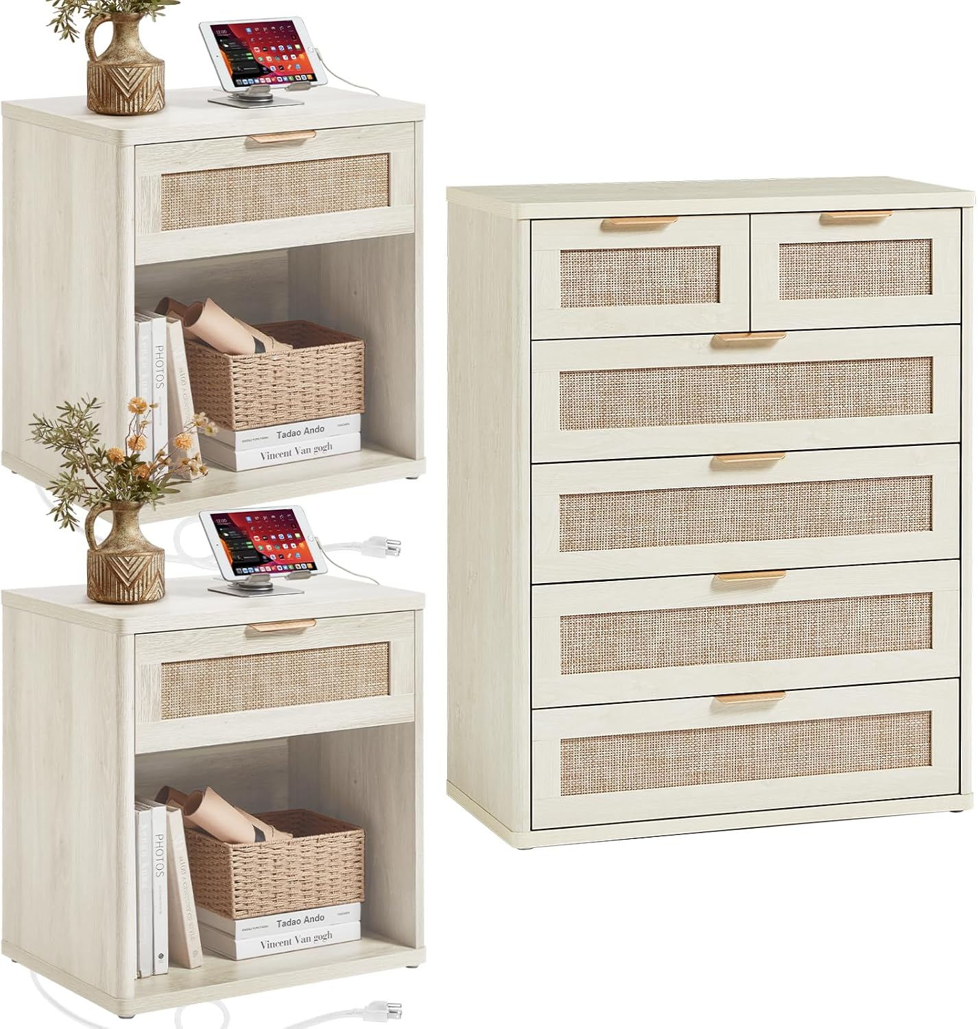 LEYAOYAO LEYAOYAO Rattan Dresser and Nightstand Set of 3, Boho Wood Dresser for…
