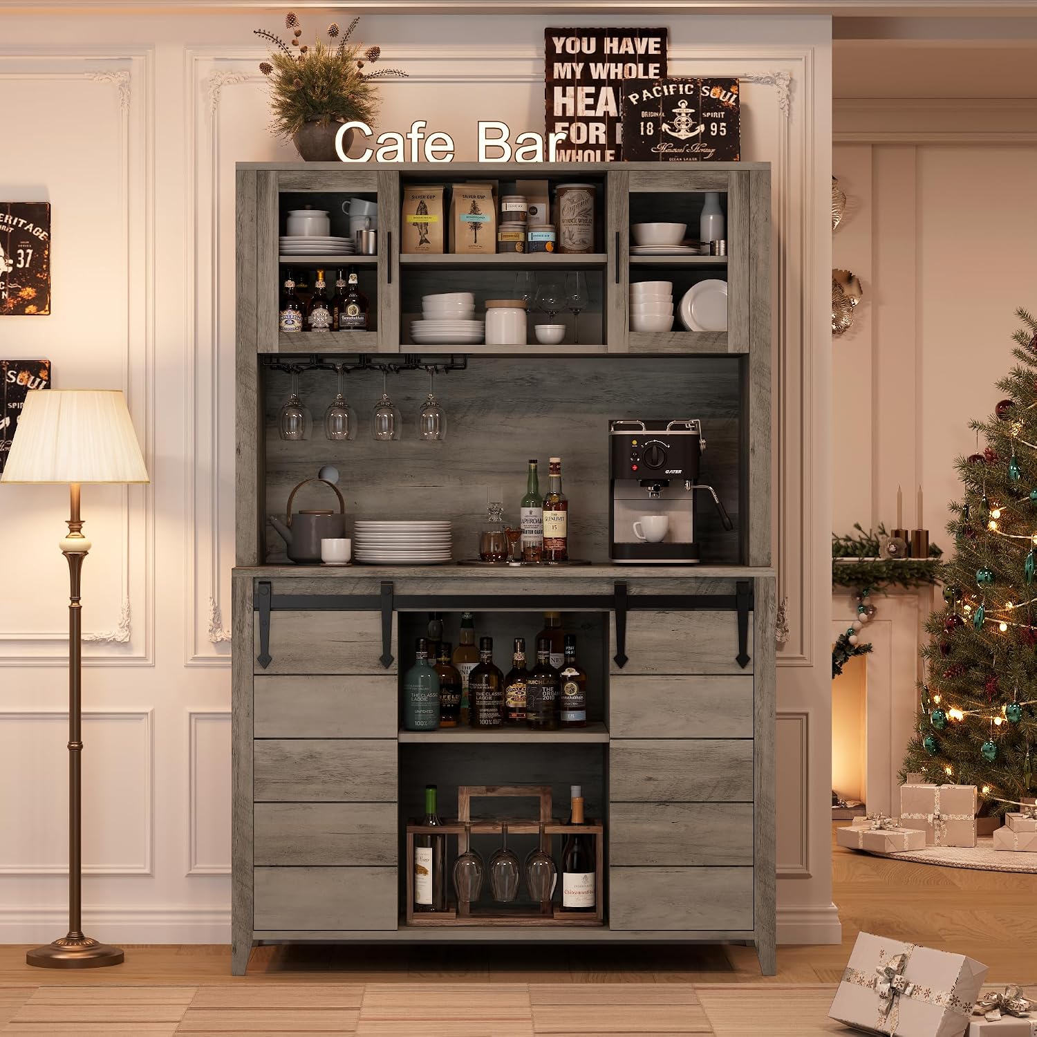 GarveeHome GarveeHome 70 in Tall Farmhouse Coffee Bar Cabinet, Kitchen Hutch…