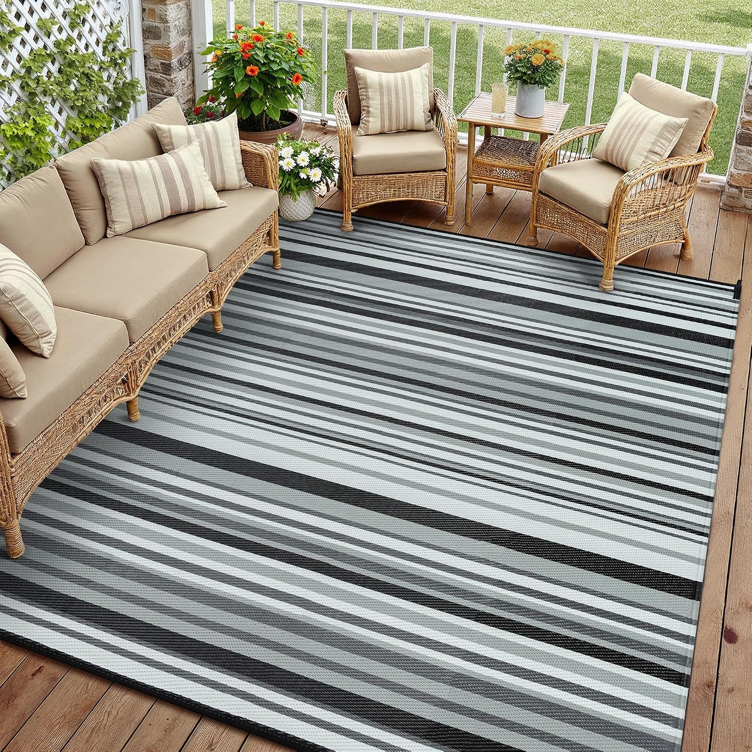 Outdoor Outdoor Plastic Straw Rug Waterproof Patio 8x10 Black White Stripe Mat…